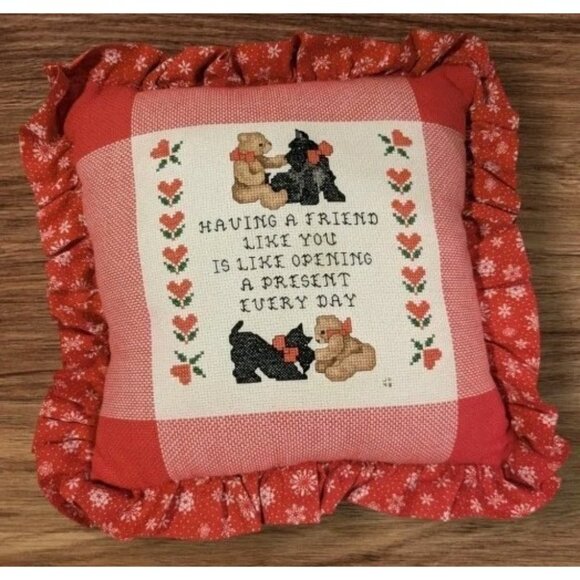 Handmade Pillow Scottie Dog Cross Stitch Bear Friend Throw Accent GrannyCore Vtg - Picture 1 of 15